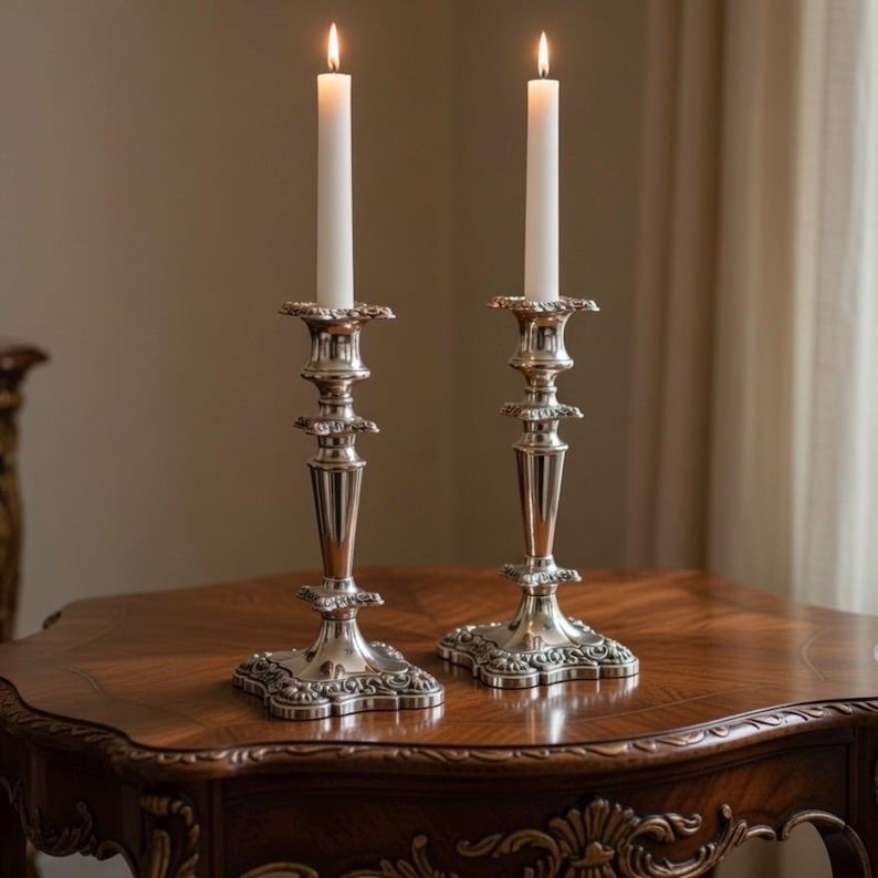 May include: Two silver-toned metal candlesticks with ornate, embossed detailing on the square bases and stems. Each candlestick holds a single, slender, white taper candle with a lit flame, creating a warm glow from the top of each candle.