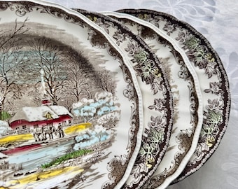 Vintage Winter-Themed Dinner Plates 10” – Johnson Bros “Friendly Village” & Kensington Ironstone “Shakespeare’s Sonnets”
