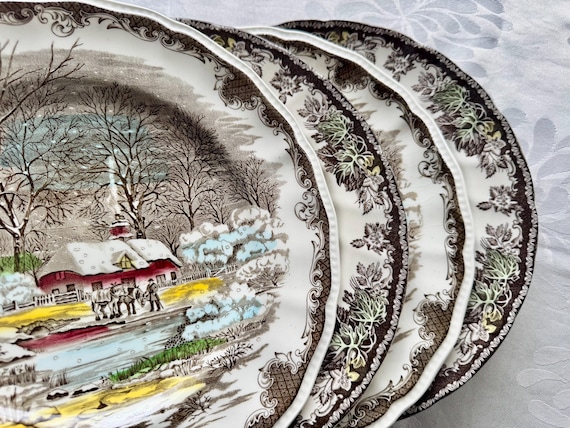 Vintage Winter-Themed Dinner Plates 10” – Johnson Bros “Friendly Village” & Kensington Ironstone “Shakespeare’s Sonnets”