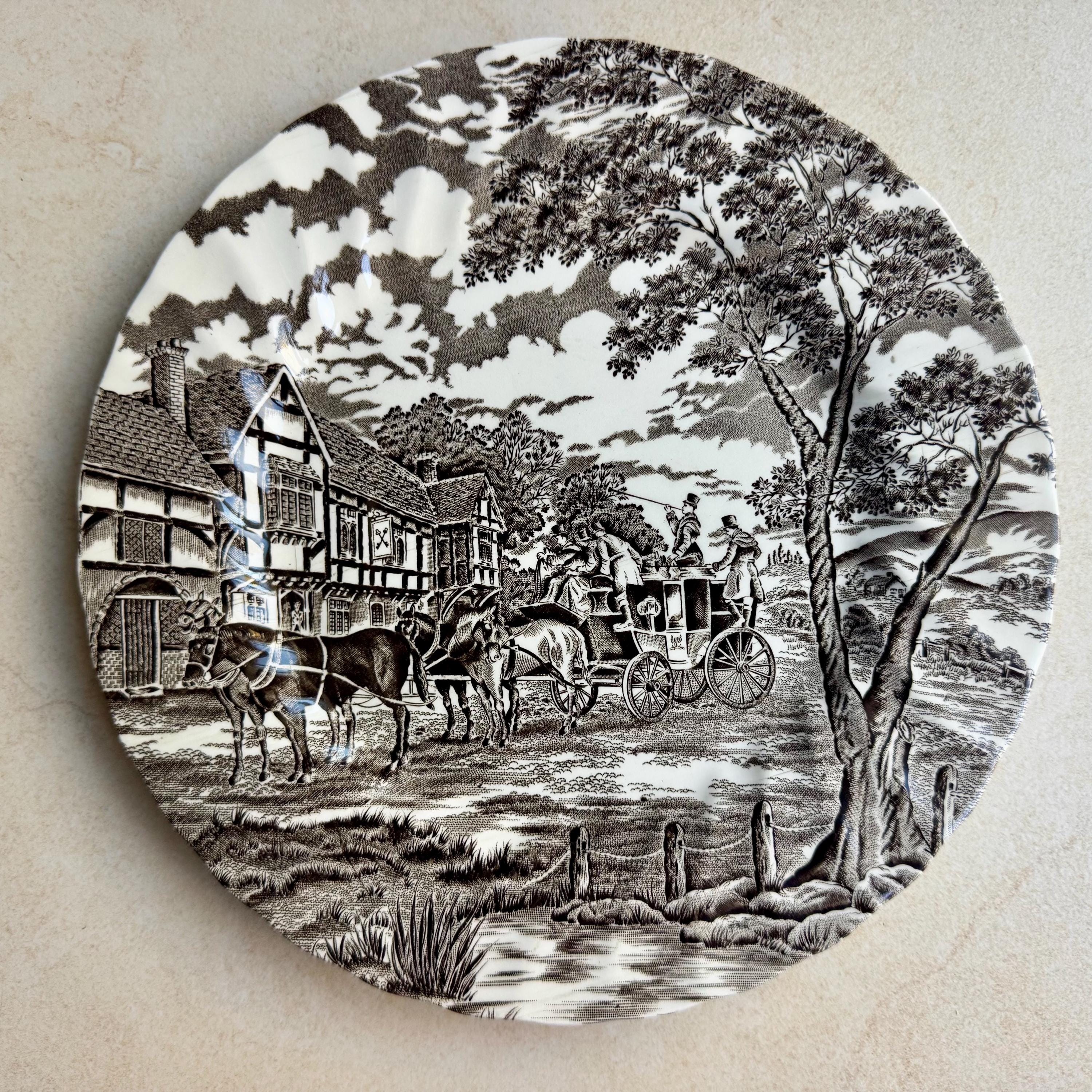 Vintage Scenic Transferware Wall Plates Set of 7, English Country Cottage Gallery Wall Decor
