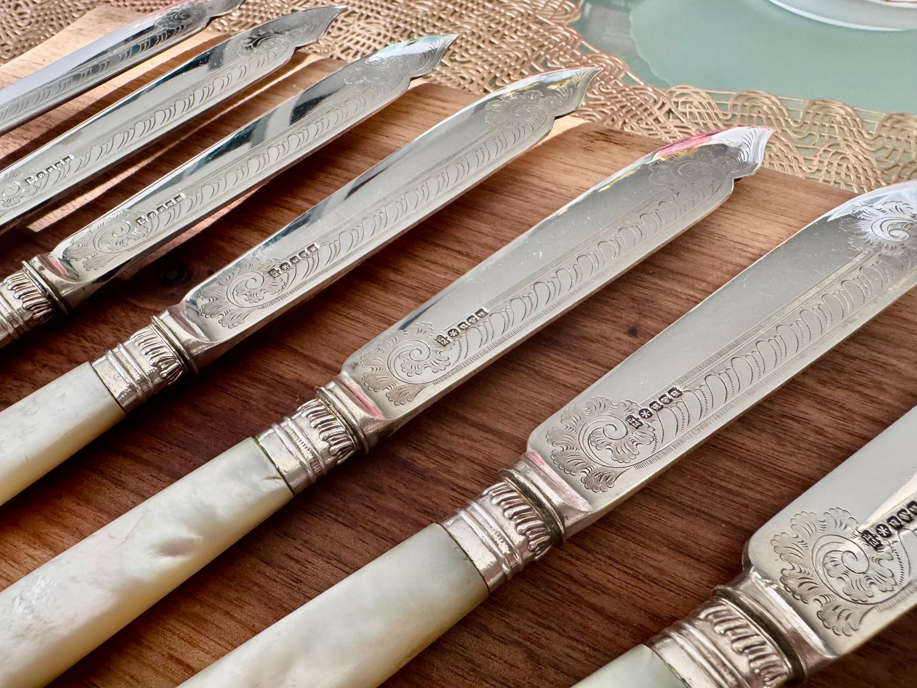 Vintage Mother of Pearl Silverplate Knives: Engraved Elegant Set of 10