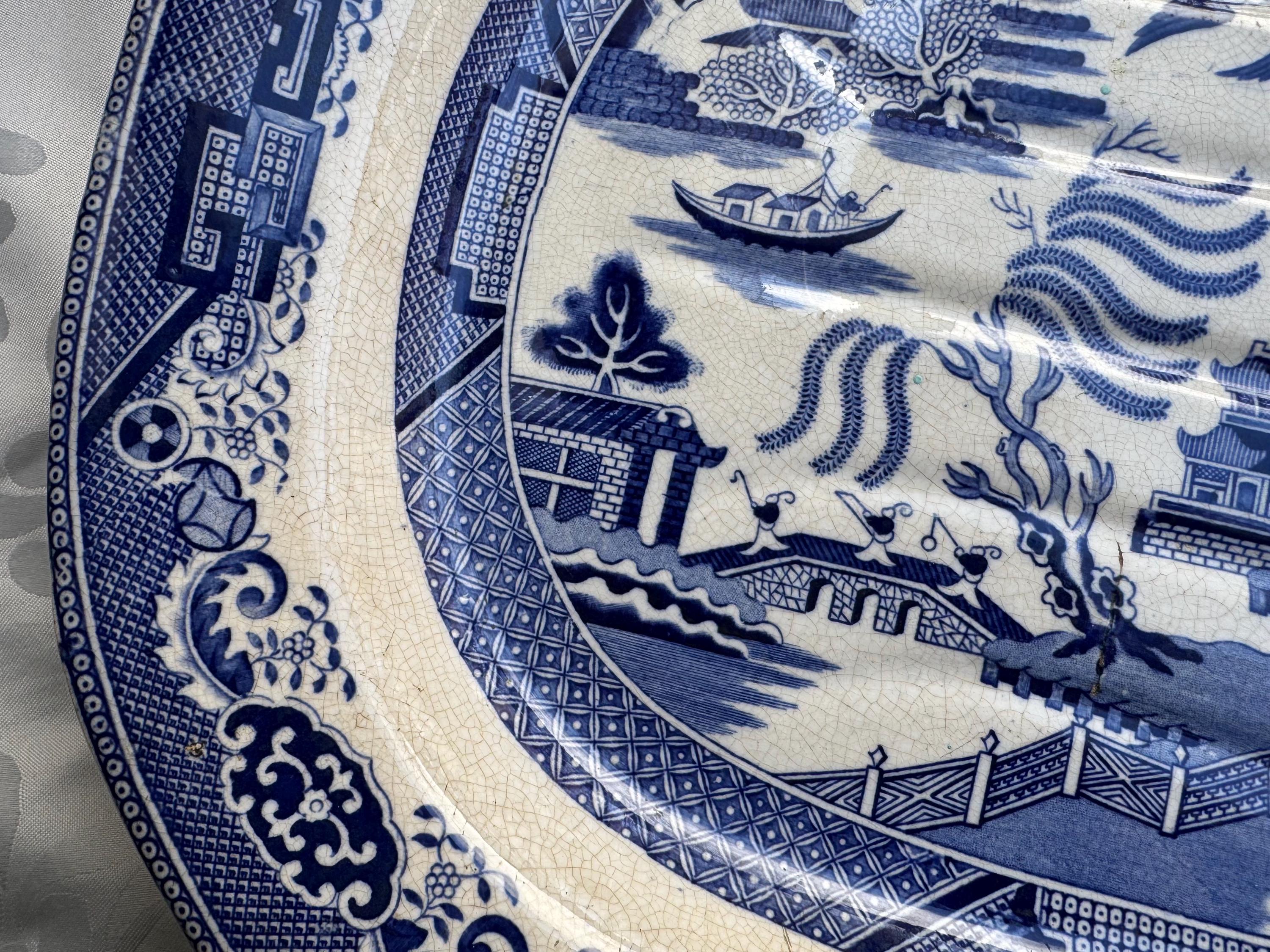 Antique Circa 1840 English Blue Willow “Well & Tree” Meat Platter – Monumental 19th-Century Serving Dish
