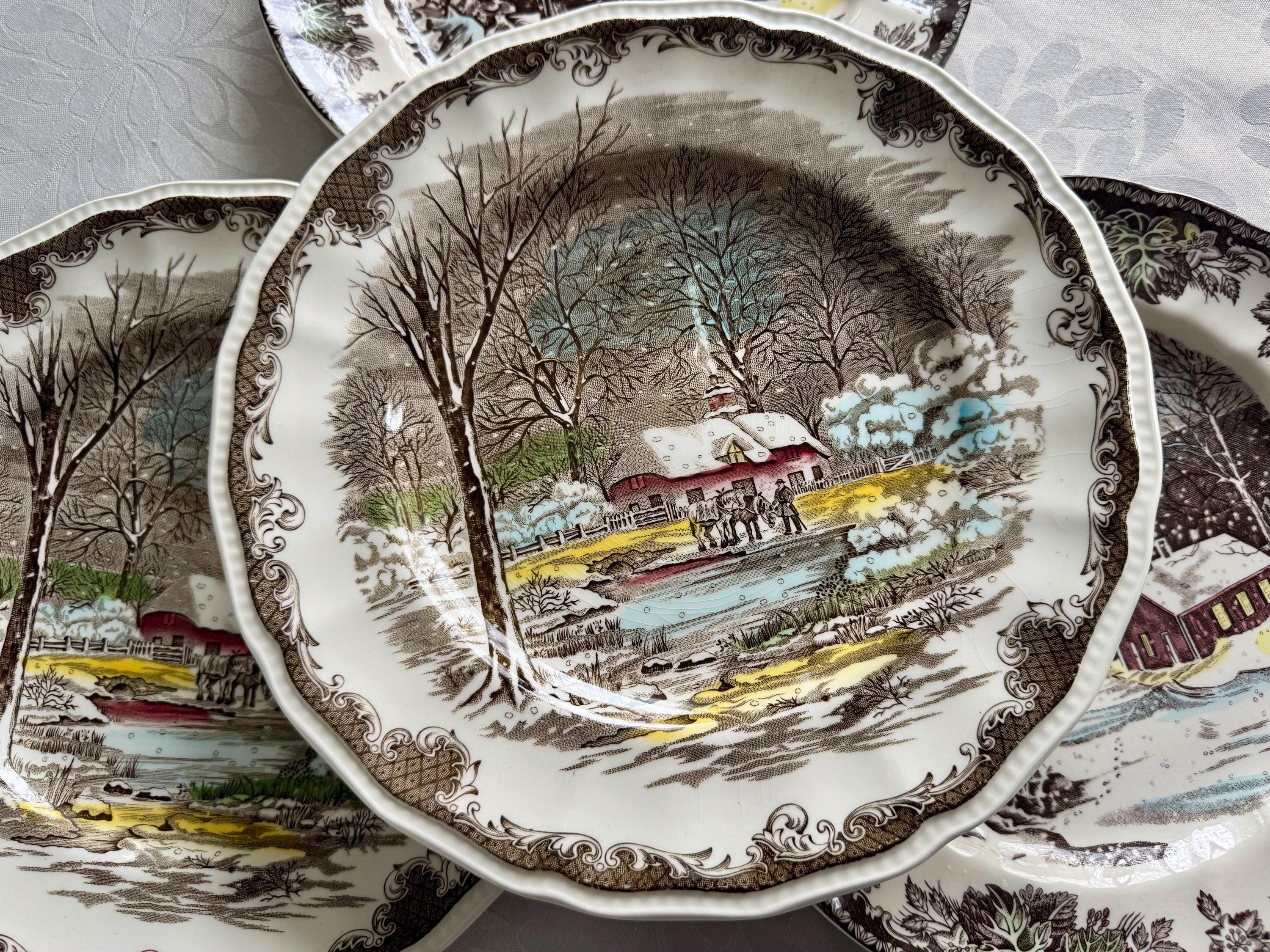 Vintage Winter-Themed Dinner Plates 10” – Johnson Bros “Friendly Village” & Kensington Ironstone “Shakespeare’s Sonnets”