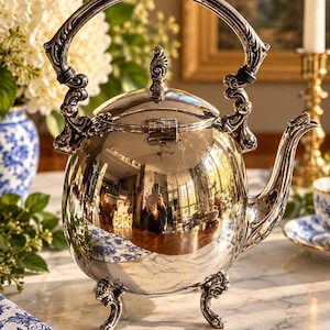 May include: A polished silver-tone metal teapot featuring an ornate, arched handle, a hinged lid with a decorative finial, and a curved spout. The spherical body is supported by three detailed, scrolled feet and has a highly reflective surface.