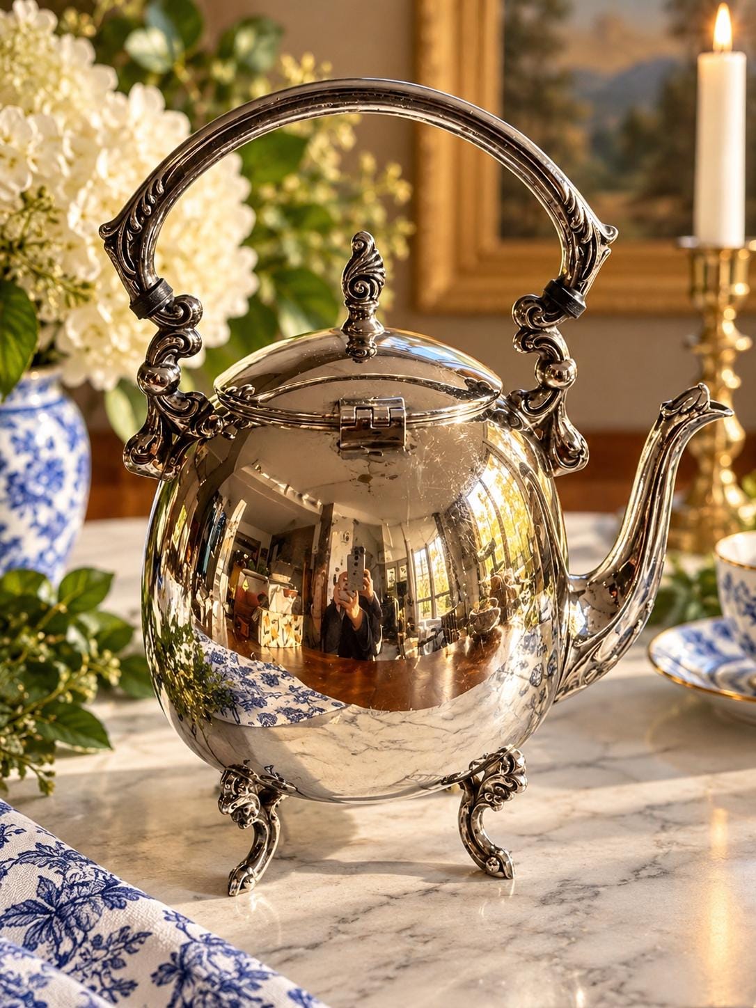 Vintage Sheridan Silver on Copper Teapot – Ornate Footed Silverplate Tea Pot