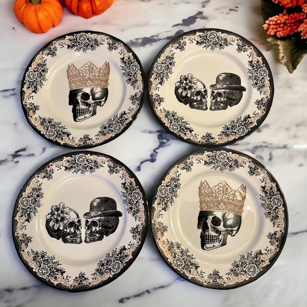 New Vintage Style Transferware - Skulls Halloween - 4 Dinner Plates 11” - Royal Stafford England