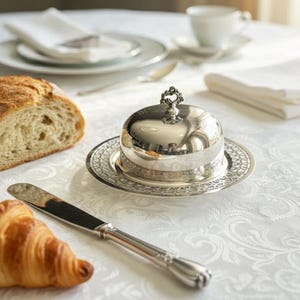 May include: A silver butter dish with a decorative handle sits on a white tablecloth, next to a loaf of bread, a croissant, and a butter knife. A cup and saucer and folded napkins are in the background. The table setting suggests a breakfast or brunch.