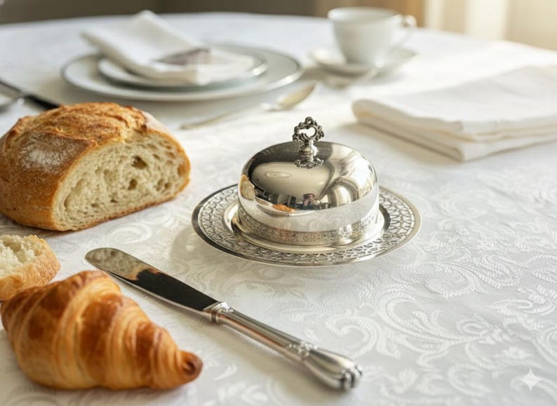 May include: A silver butter dish with a decorative handle sits on a white tablecloth, next to a loaf of bread, a croissant, and a butter knife. A cup and saucer and folded napkins are in the background. The table setting suggests a breakfast or brunch.