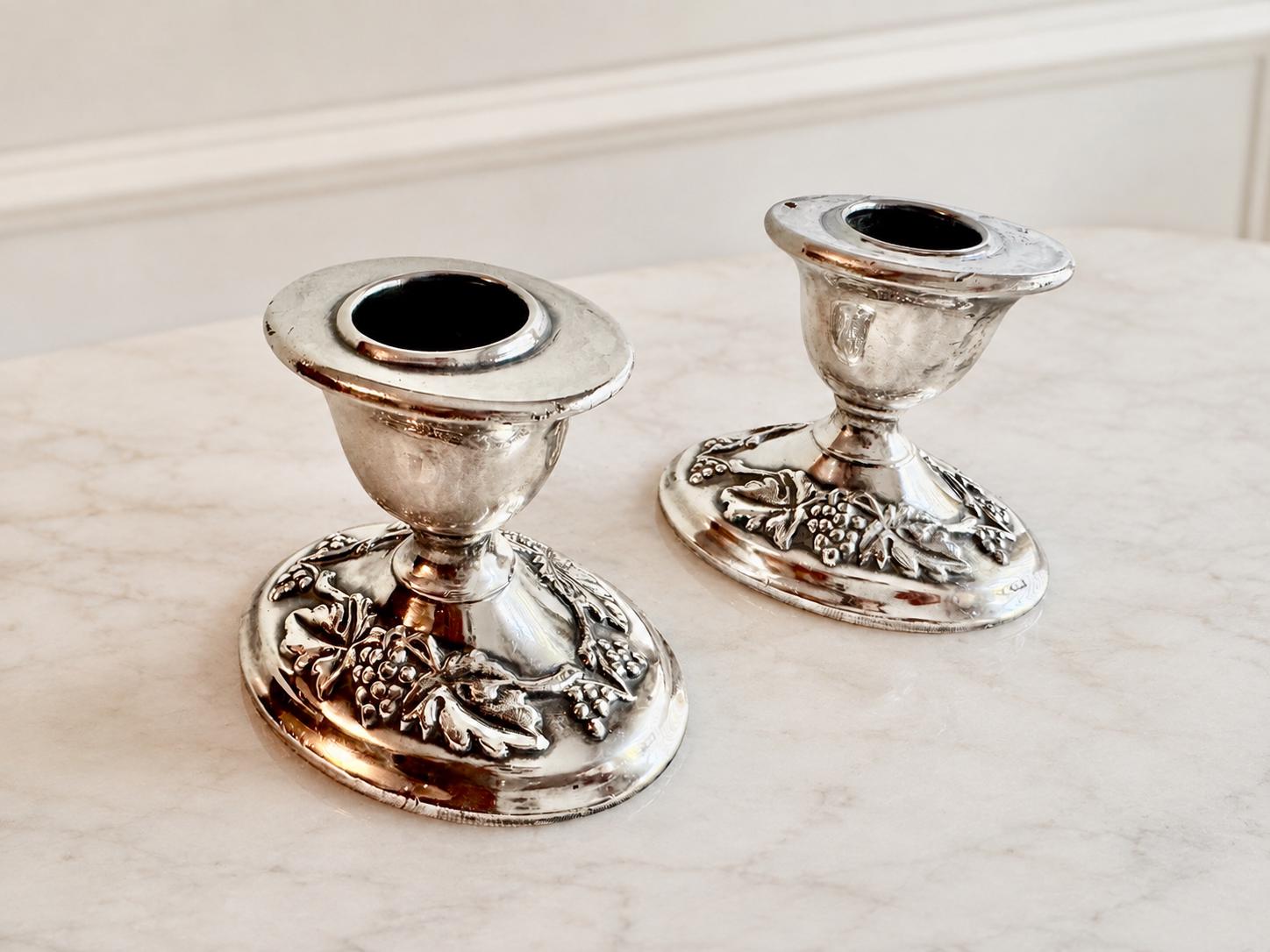 Vintage Mid-Century Oval or Round Base Silver-Plated Candlesticks