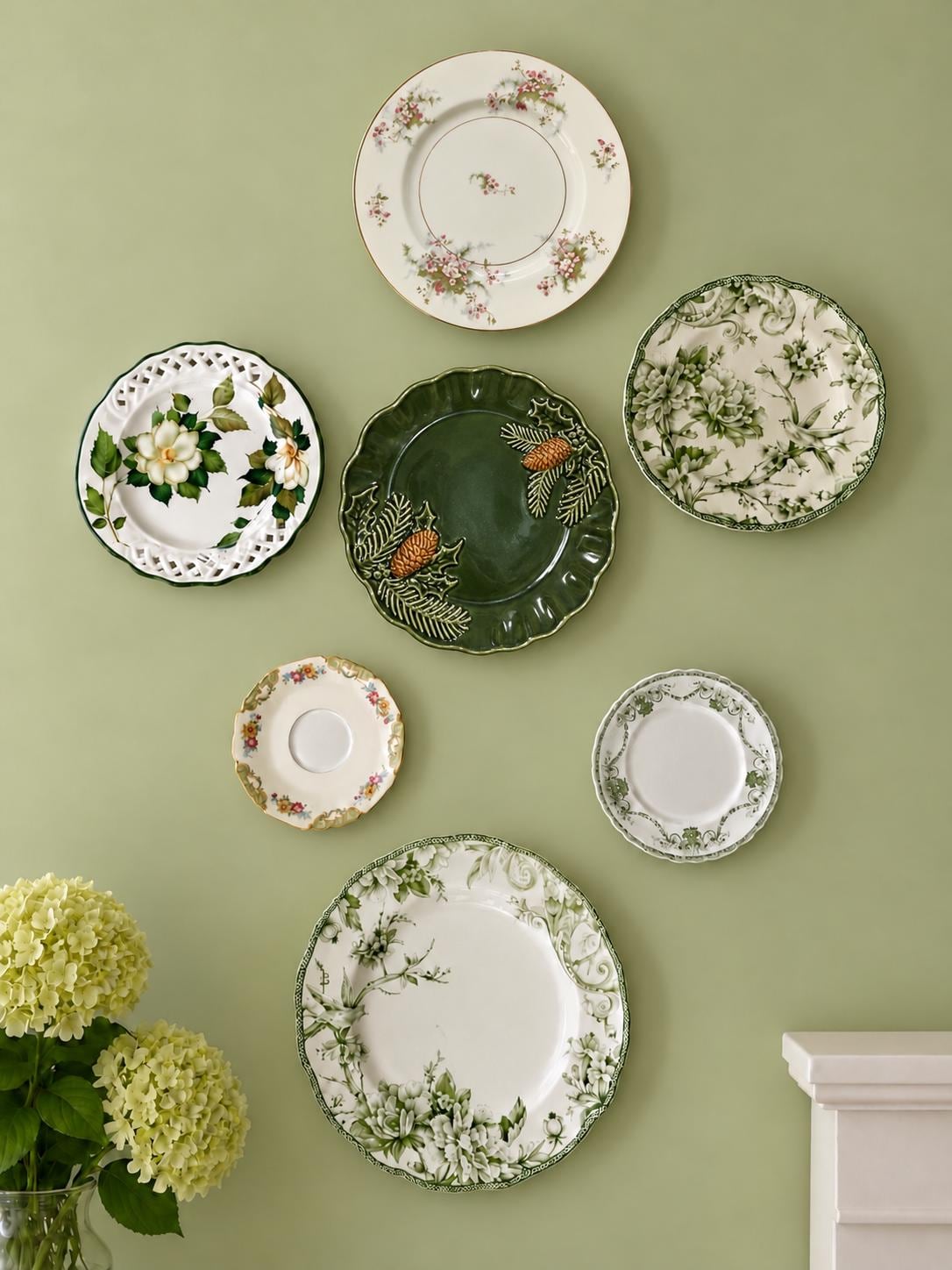 Curated Vintage Green Wall Gallery – Set of 7 Decorative Plates