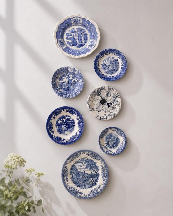 Rare Vintage Gallery Wall Mismatched Set in Blue & White - Collection of 7 Vintage Plates
