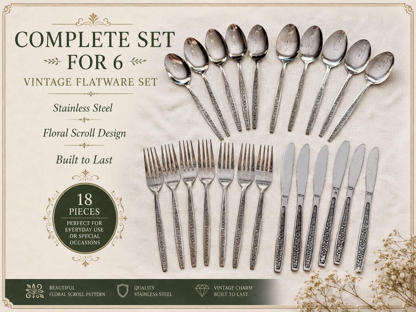 Vintage Stainless Steel Japan & Korea Flatware Sets — Ornate Rose Pattern — Custom Sets Available