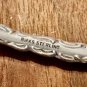 May include: A silver-toned metal handle featuring an ornate, raised scrollwork pattern along its edges. The center of the handle is stamped with the text BIRKS STERLING in clear, capitalized, dark-colored lettering against the metallic surface.