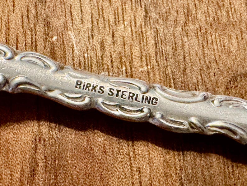 May include: A silver-toned metal handle featuring an ornate, raised scrollwork pattern along its edges. The center of the handle is stamped with the text BIRKS STERLING in clear, capitalized, dark-colored lettering against the metallic surface.
