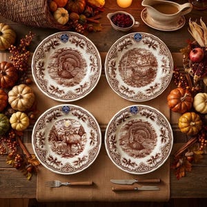 Op de afbeelding: Vier ronde keramische borden met bruine transferware-illustraties van kalkoenen en herten, geschikt op een tafel met decoratieve pompoenen, kalebassen en herfstbladeren. Elk bord heeft een gedetailleerde rand en een centrale natuursc&egrave;ne.