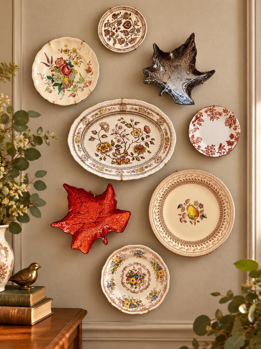 Vintage Autumn Wall Plate Gallery – 8 Piece Mixed Transferware & Leaf Dish Collection – Brown Floral, Windmill, Maple Leaf Decor