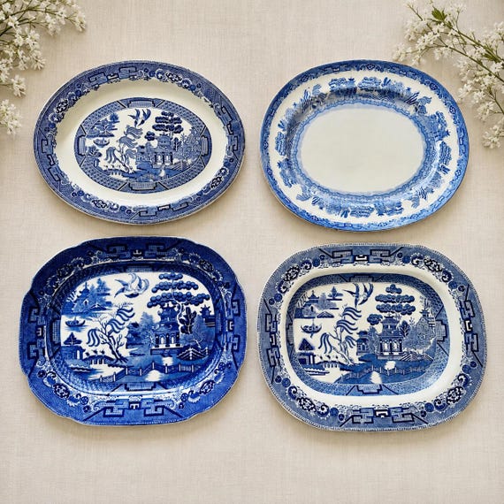 Antique or Vintage Blue White Transferware Platters | W. Ridgway Blue Willow 1912–1927, Royal Grafton Bone China, Wood & Sons England