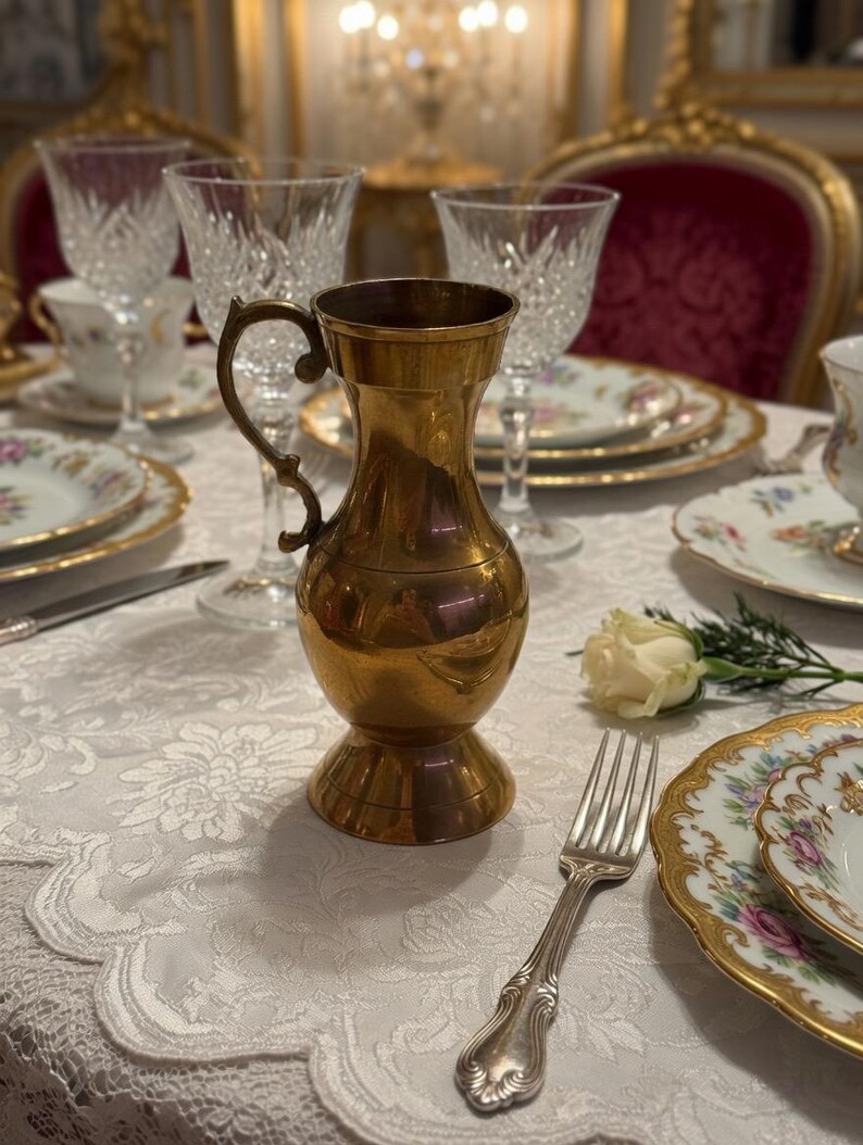 Vintage Brass Decor Collection — Marble Candlestick, Vase & Pitcher 3. Pitcher India 6”