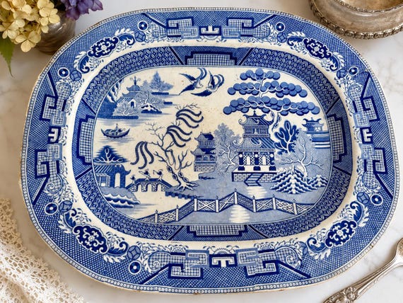 Antique M.T. & Co. Blue Willow Stoneware Platter – England, Circa Mid-19th Century
