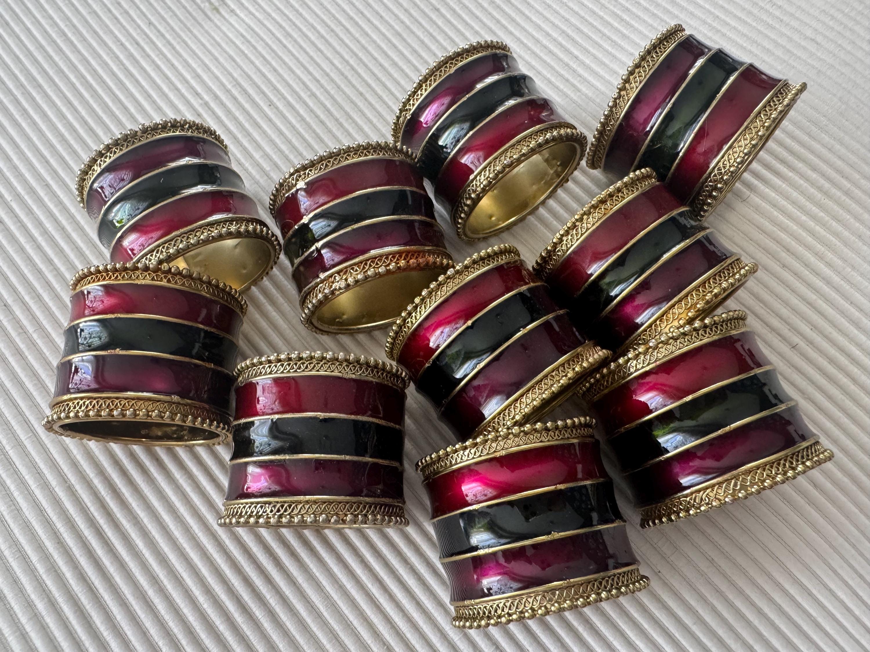 Vintage Pier 1 – Brass & Enamel Napkin Rings – Set of 10