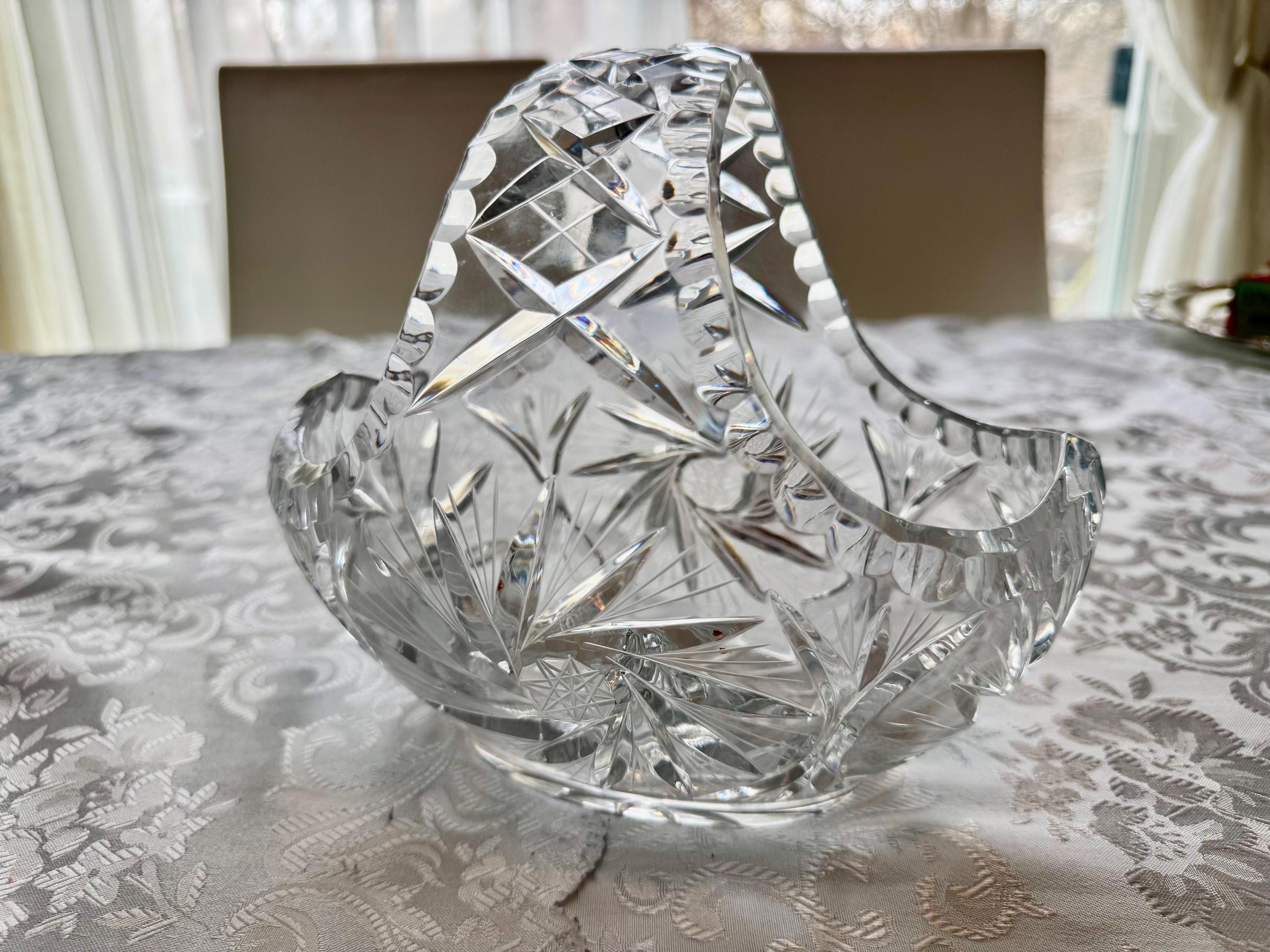 Vintage Heavy Cut Crystal Basket with Handle – Pinwheel & Starburst Pattern, Candy Dish, Wedding Centerpiece, Choose Your Favorite