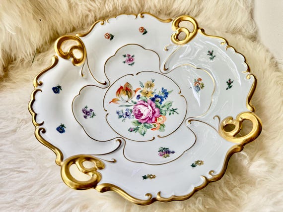 Vintage JLMENAU Graf von Henneberg Hand Enameled Reticulated Floral Dish – Ornate Gold Rococo Handles