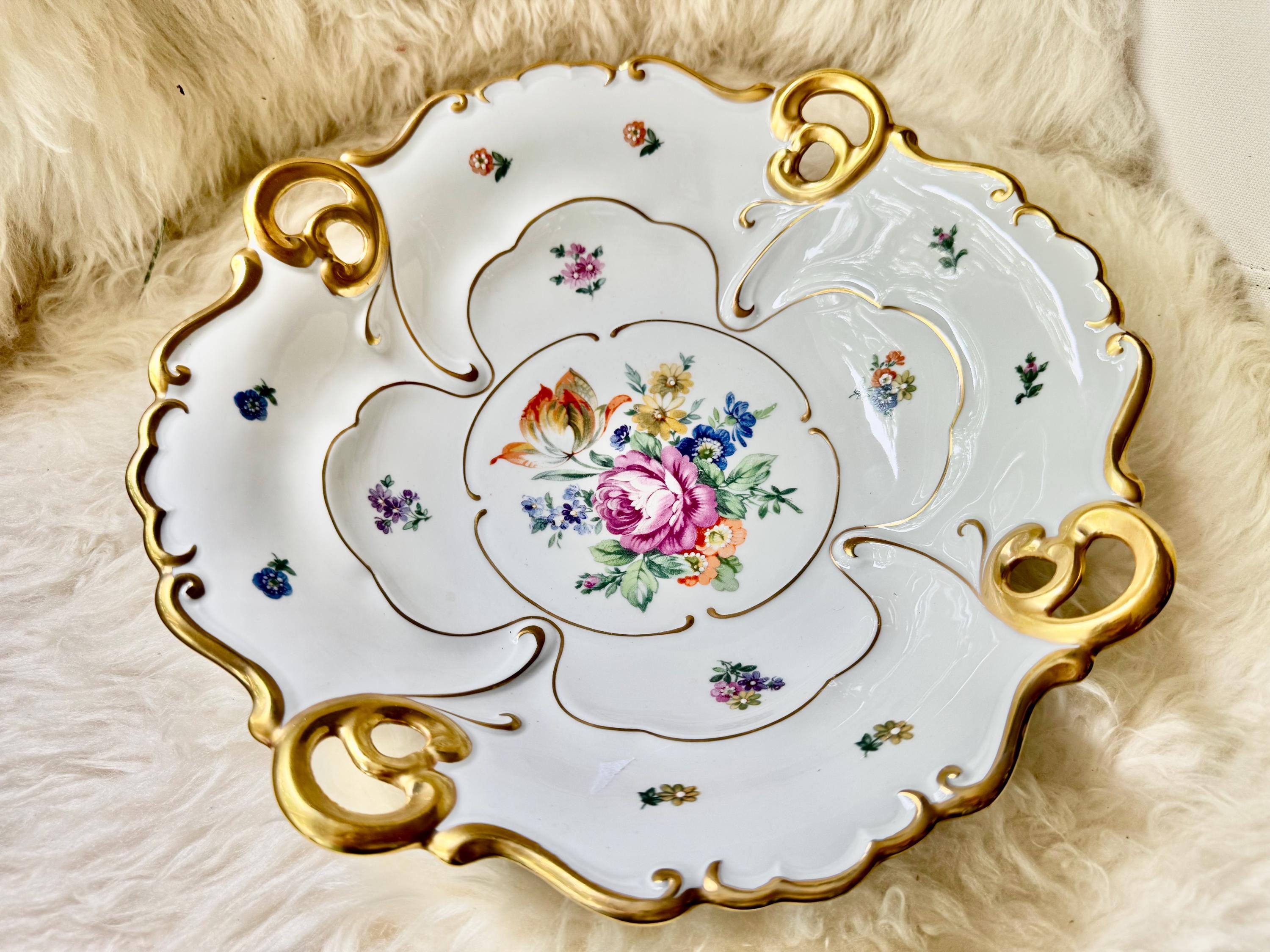Vintage JLMENAU Graf von Henneberg Hand Enameled Reticulated Floral Dish – Ornate Gold Rococo Handles
