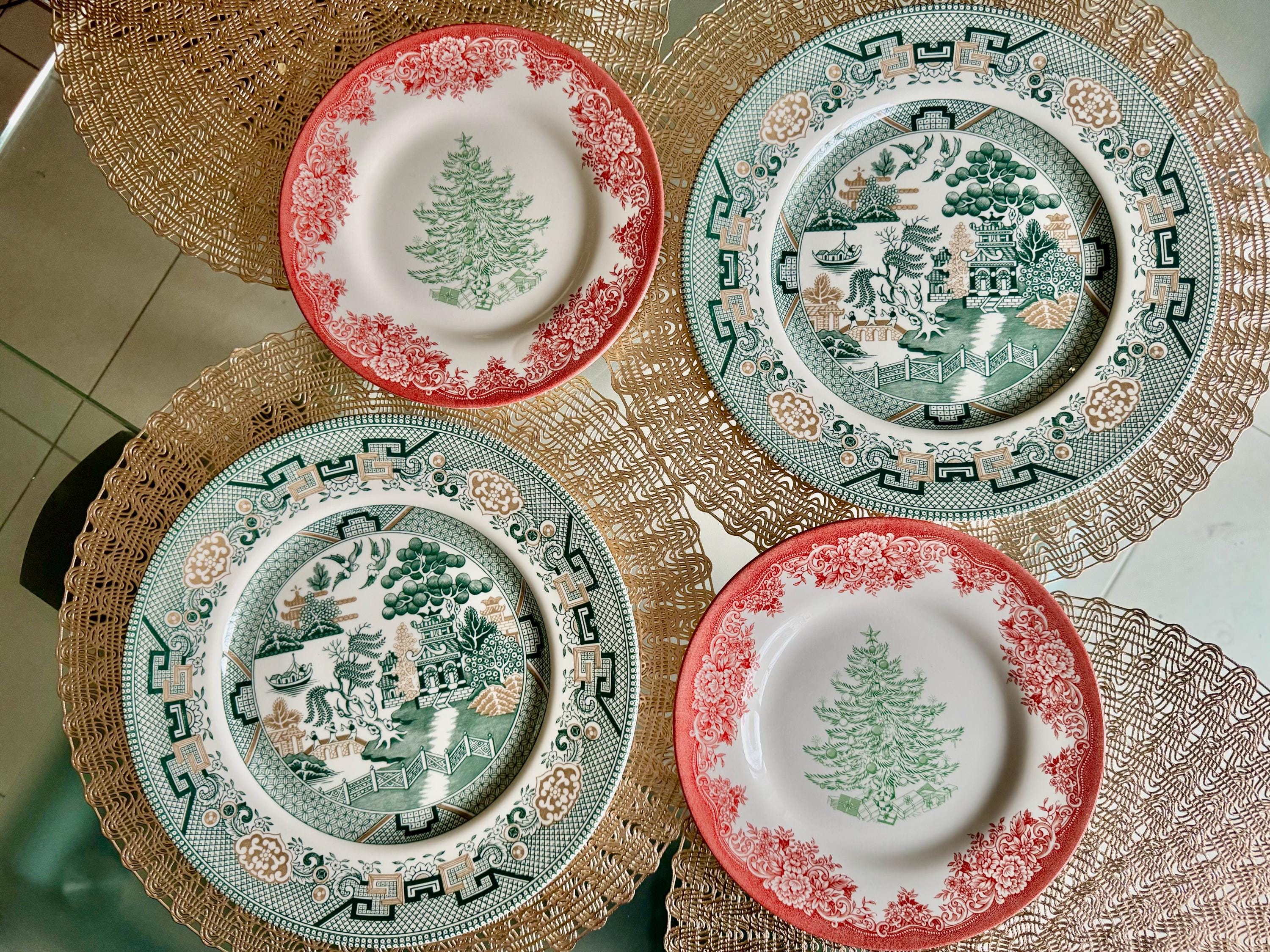 New Vintage Style Transferware - Christmas Dinner for Two - Green Willow & Christmas Tree - Royal Stafford England