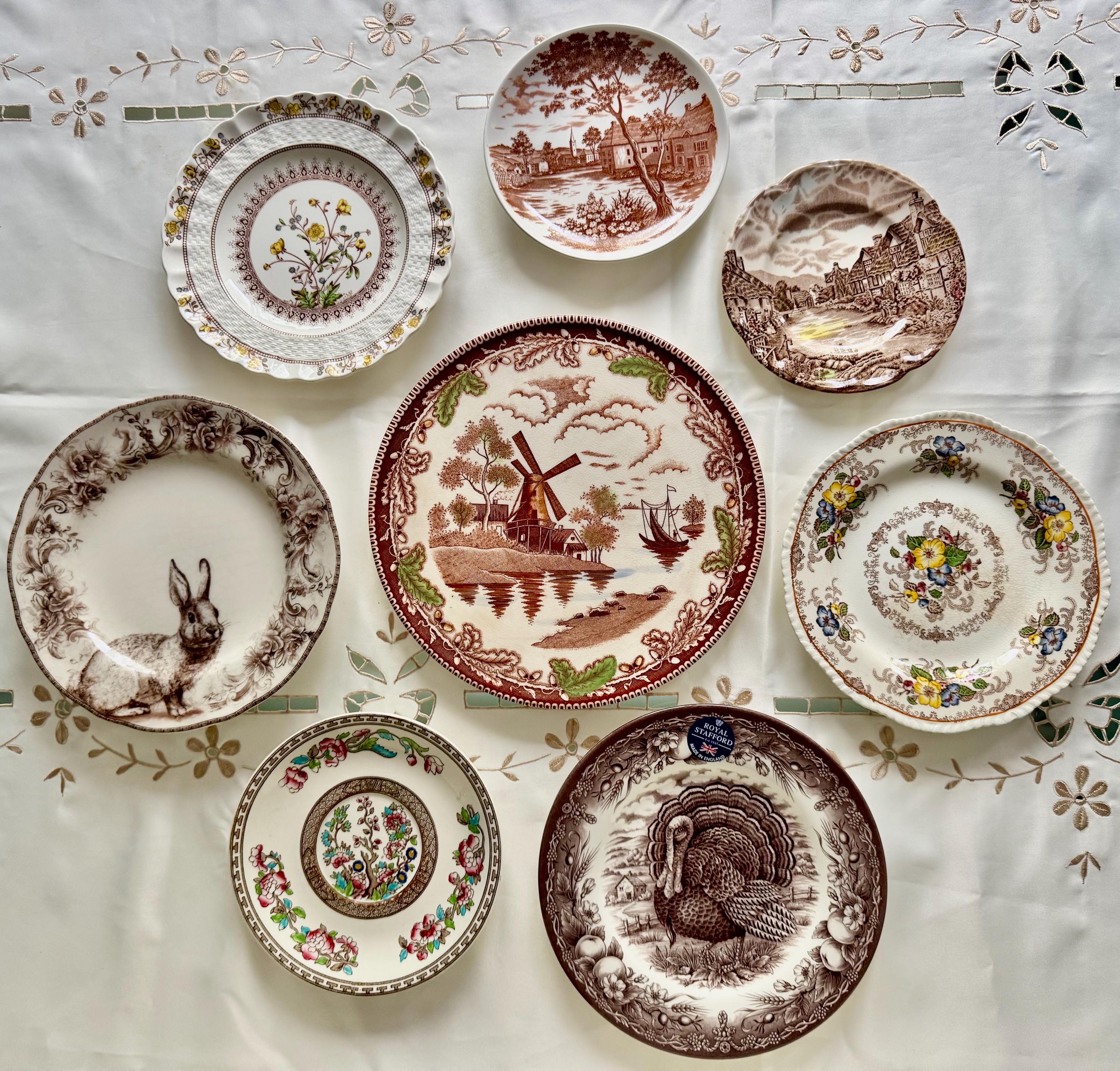 Vintage Brown Transferware Wall Gallery – Set of 8 Plates – Eclectic Cottagecore Display – Country Charm & Rustic Autumn Feel