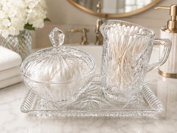 Vintage Cut Glass or Crystal Vanity Set