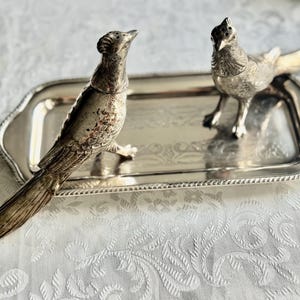 May include: A silver-toned serving tray with two bird-shaped salt and pepper shakers. The birds are detailed with feathers and stand on the tray. The tray has a decorative edge and is placed on a white patterned surface.