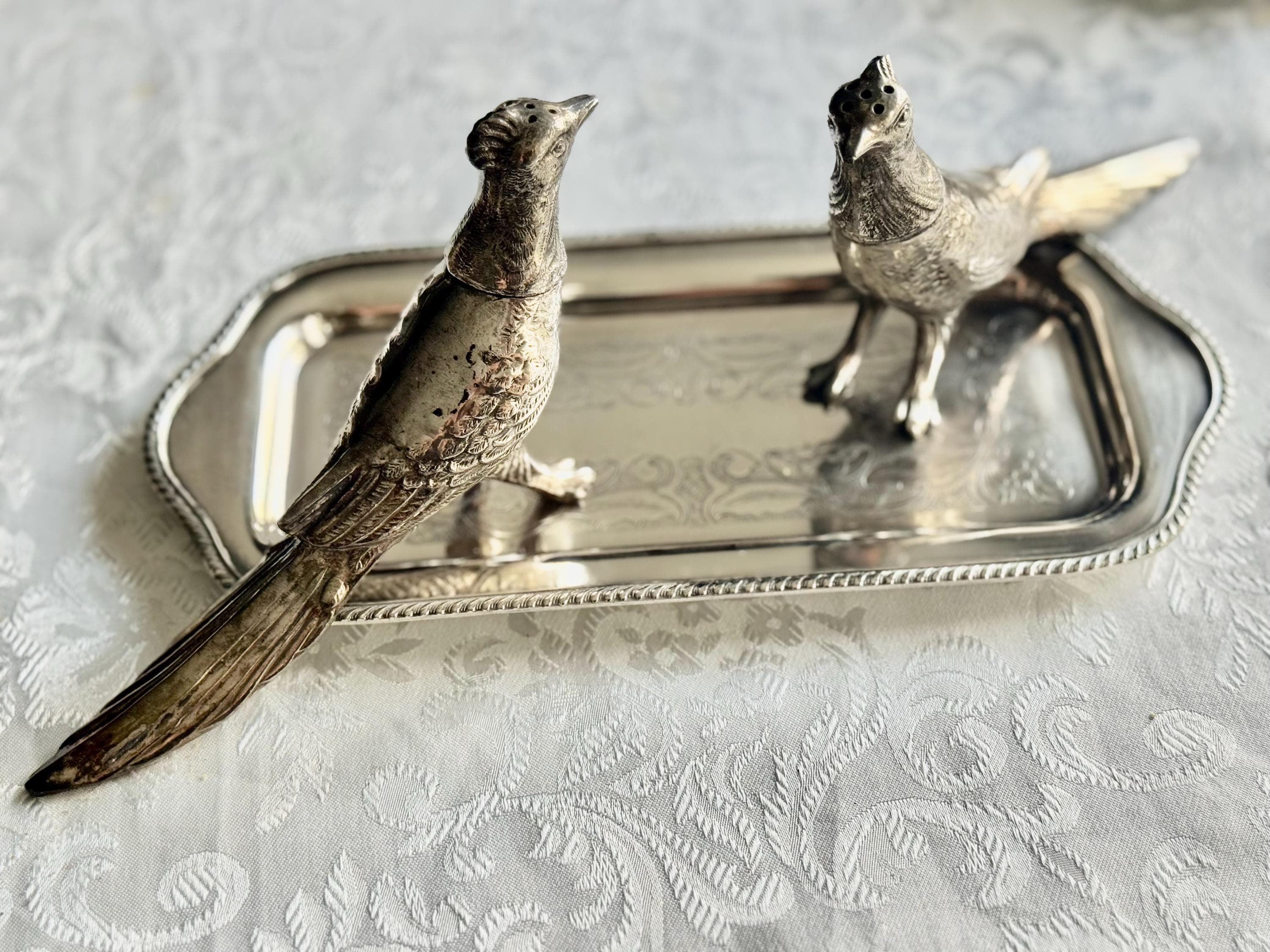 Exceptional & Rare Vintage Silverplate Pheasant Shakers — A Stunning Sculptural Pair — Silver Decor