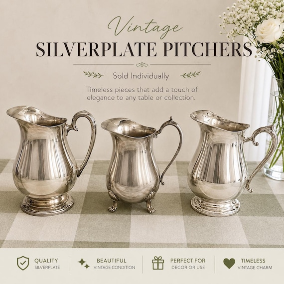 Vintage Silver-Plated Pitchers – Elegant Footed Design – Sold Individually