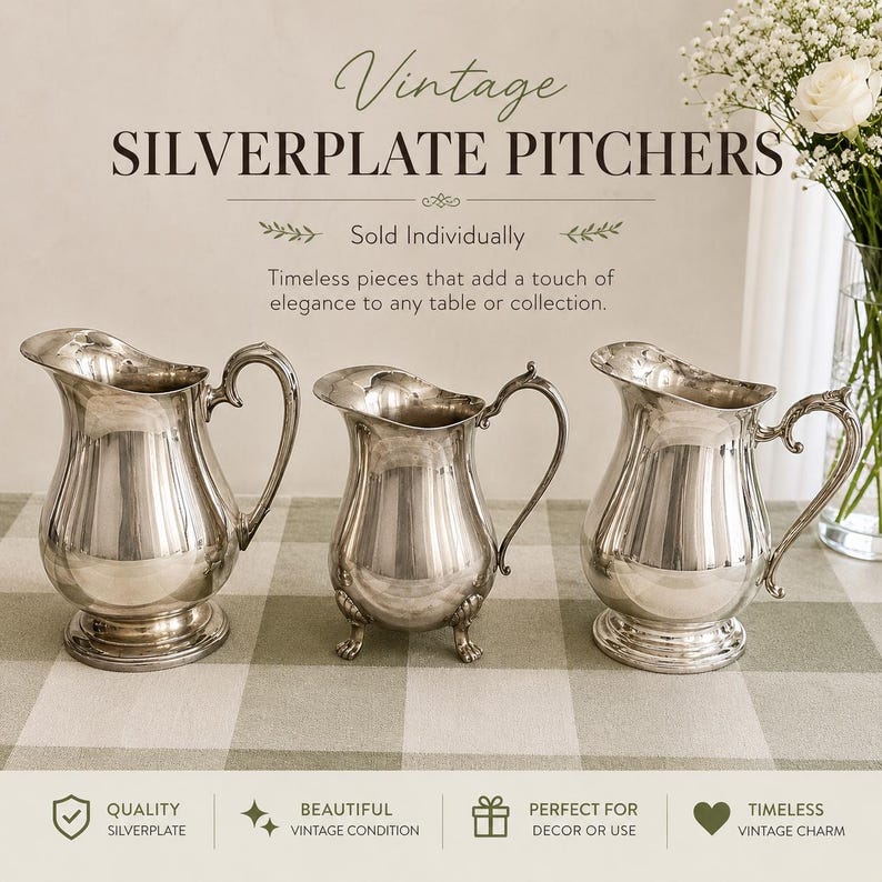 May include: Three silverplate pitchers with curved handles and pouring spouts. The text reads: Vintage SILVERPLATE PITCHERS, Sold Individually, Timeless pieces that add a touch of elegance to any table or collection, QUALITY SILVERPLATE, BEAUTIFUL VINTAGE CONDITION, PERFECT FOR DECOR OR USE, TIMELESS VINTAGE CHARM.