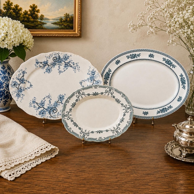 Antique English Platters — Ridgway Alexis or Losol Ware Shrewsbury — Rare Teal Transferware — England image 1