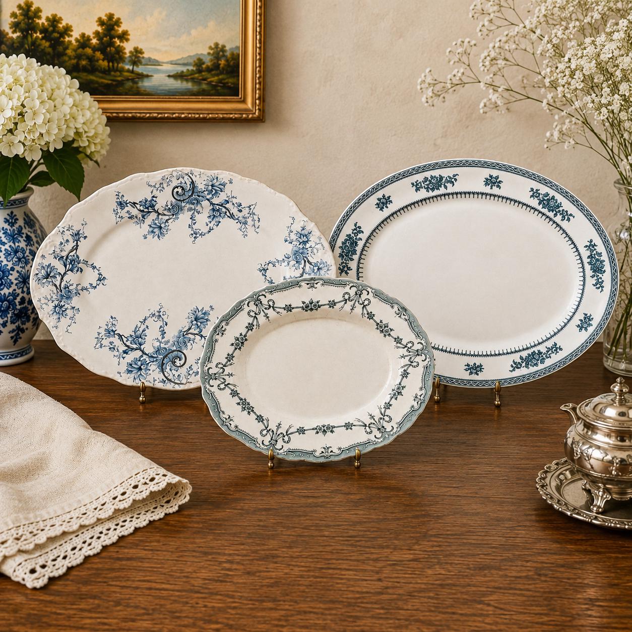 Antique English Platters — Ridgway Alexis or Losol Ware Shrewsbury — Rare Teal Transferware — England