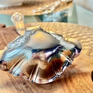 May include: A silver serving spoon with a decorative, scalloped edge. The spoon is made of polished metal and reflects light.