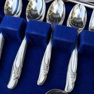 May include: A set of polished silver-toned flatware featuring spoons and a fork with embossed floral detailing on the handles. The utensils are arranged in a storage case lined with deep blue velvet, highlighting the reflective metallic surfaces.