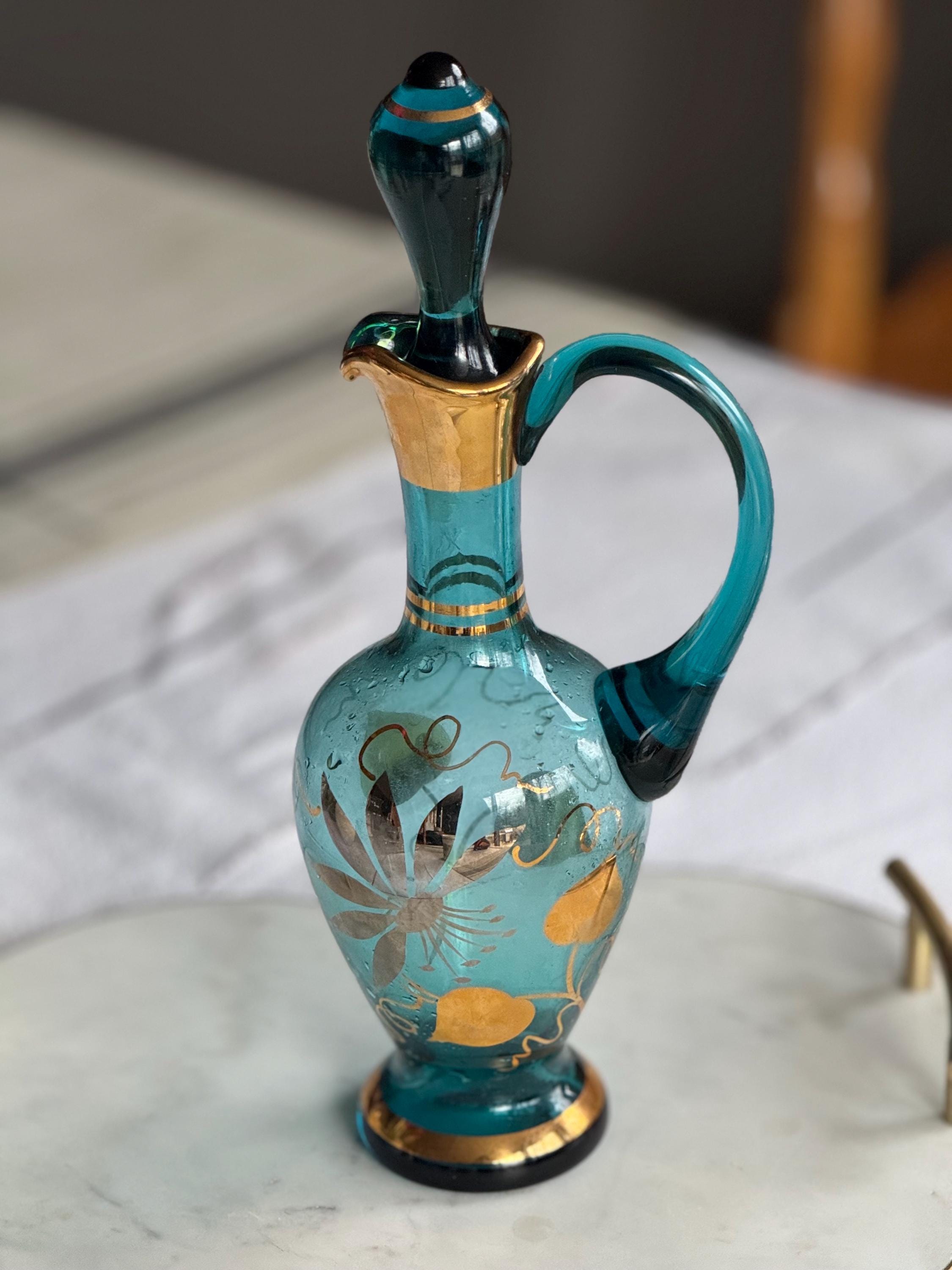 Vintage Bohemia Glass Decanter: Teal Blue, 22K Gold Floral Ewer