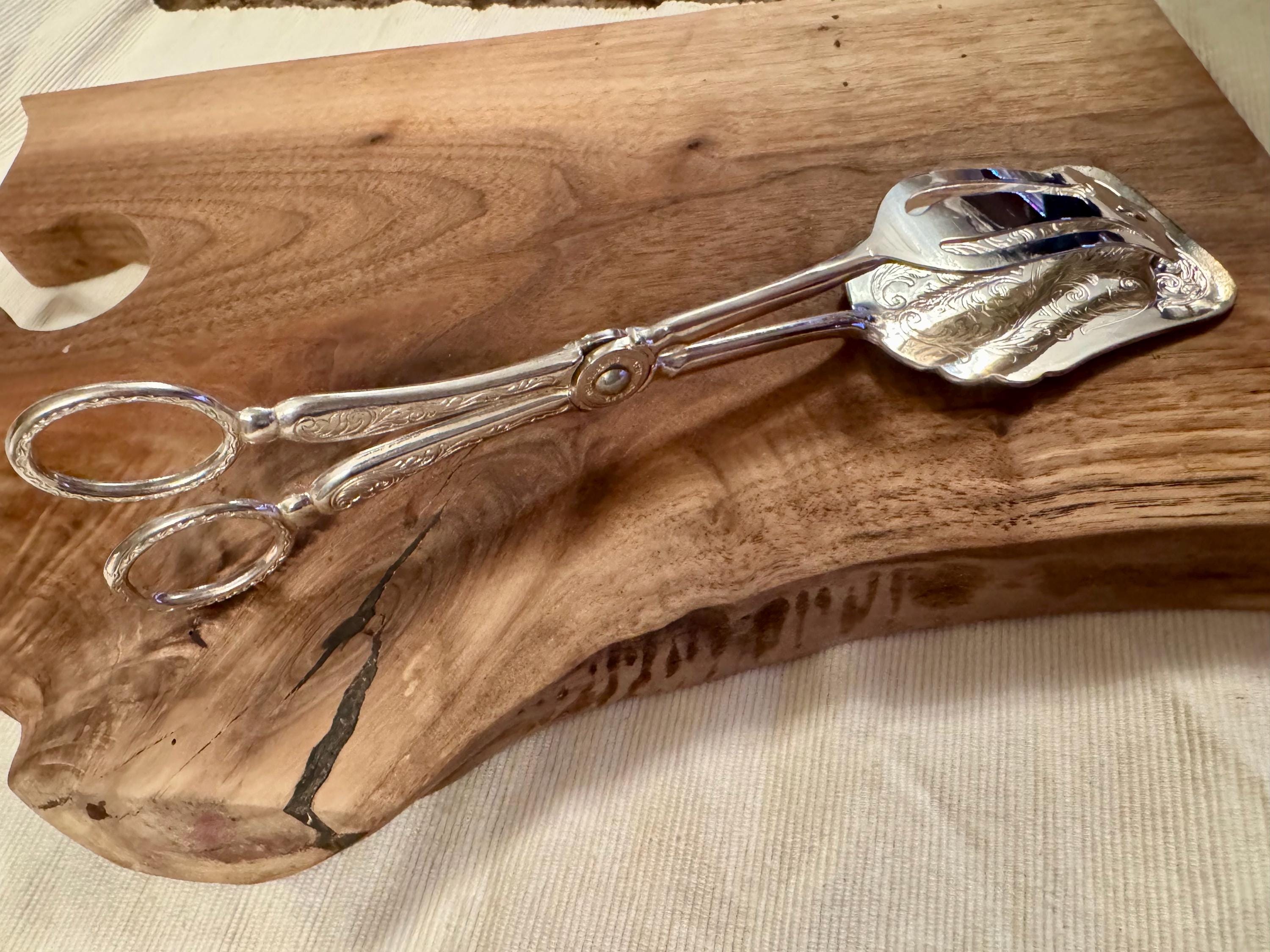 Vintage Silver Plated Scissors-Style Serving Tongs - Engraved Design