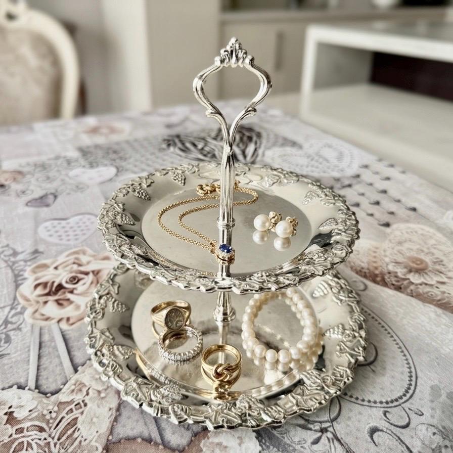 Silver Plated 2-Tier Stand – Grape & Vine – Jewelry Display / Tea Stand – NEW in Box