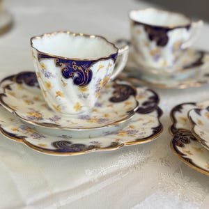 Antique Royal Style Tea Trio – Cobalt Gold & Violets Bone China Set Two Trios