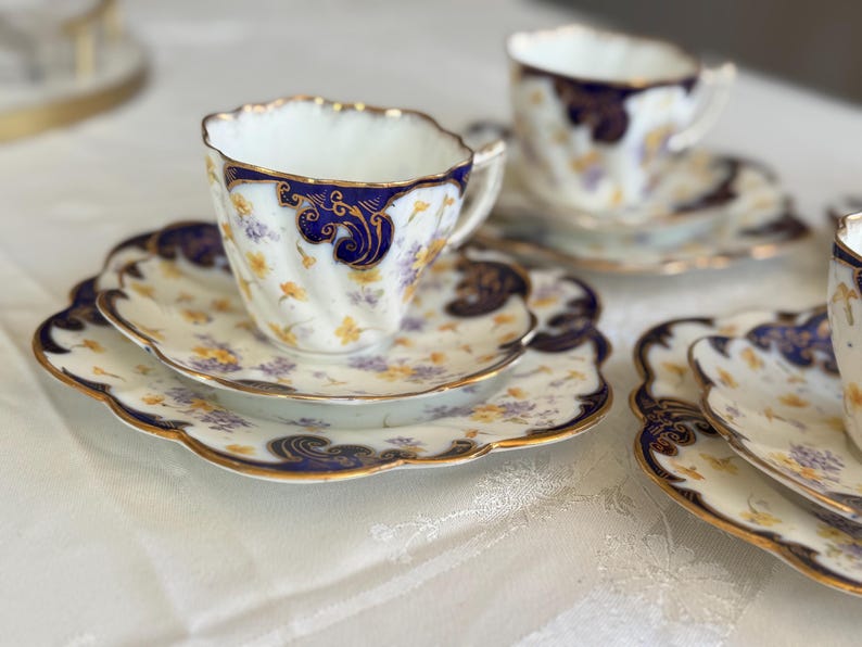 Antique Royal Style Tea Trio – Cobalt Gold & Violets Bone China Set Two Trios