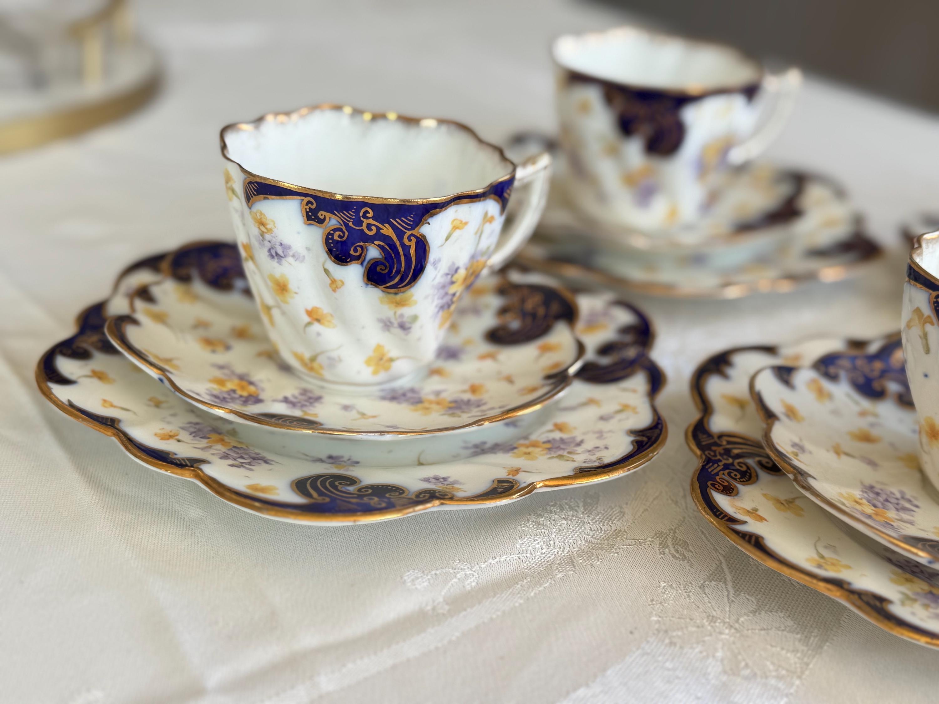 Antique Royal Style Tea Trio – Cobalt Gold & Violets Bone China Set