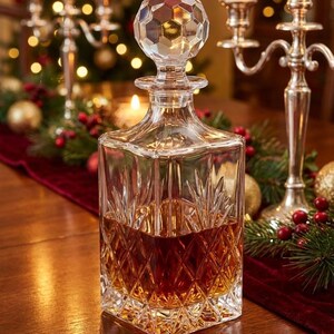 May include: A clear, square crystal decanter with a faceted stopper, filled with amber liquid. The decanter sits on a wooden table, with a festive background of candles, greenery, and ornaments. A classic barware item.