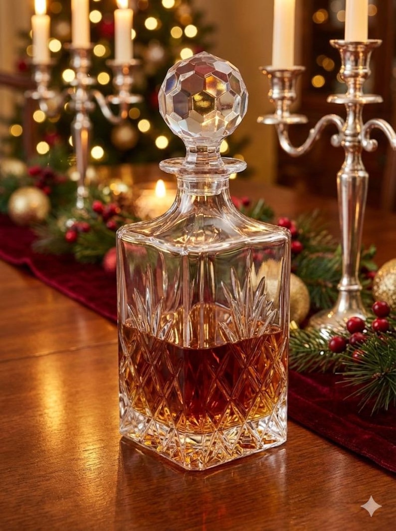 May include: A clear, square crystal decanter with a faceted stopper, filled with amber liquid. The decanter sits on a wooden table, with a festive background of candles, greenery, and ornaments. A classic barware item.