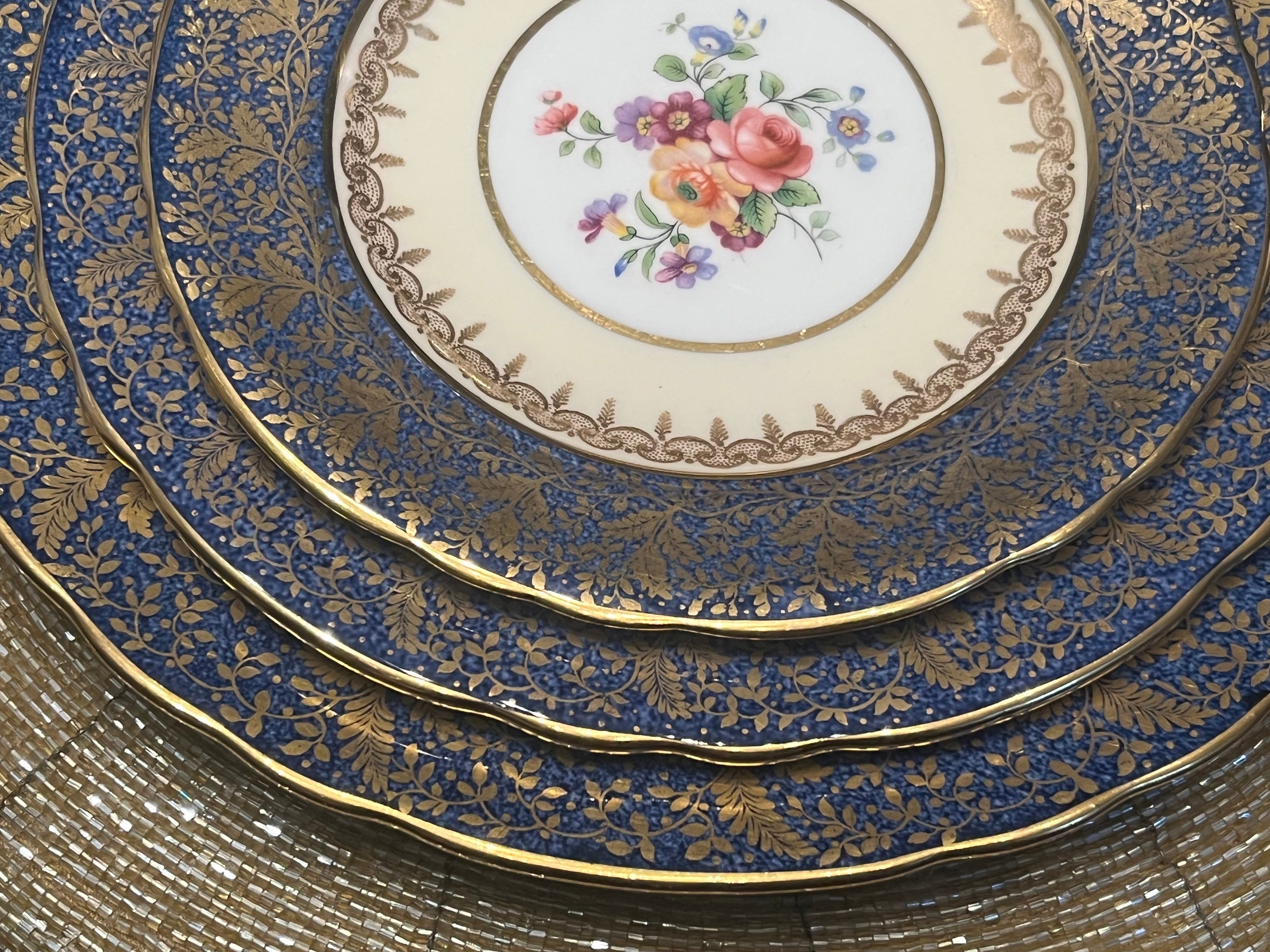 Vintage Aynsley Cobalt Blue Gold Encrusted Fine Bone China Dinner Set for Two