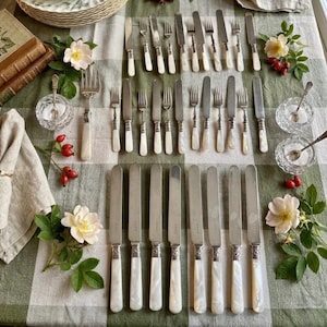 May include: An assortment of vintage silverware, including forks and knives, arranged on a green and white checkered tablecloth. The silverware features white handles and ornate silver detailing. The scene is decorated with flowers and small glass bowls.