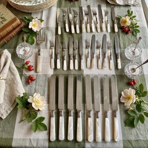 Antique Mother of Pearl Flatware — Sterling Silver Mounts — Curated Sets with Optional Serving Piece