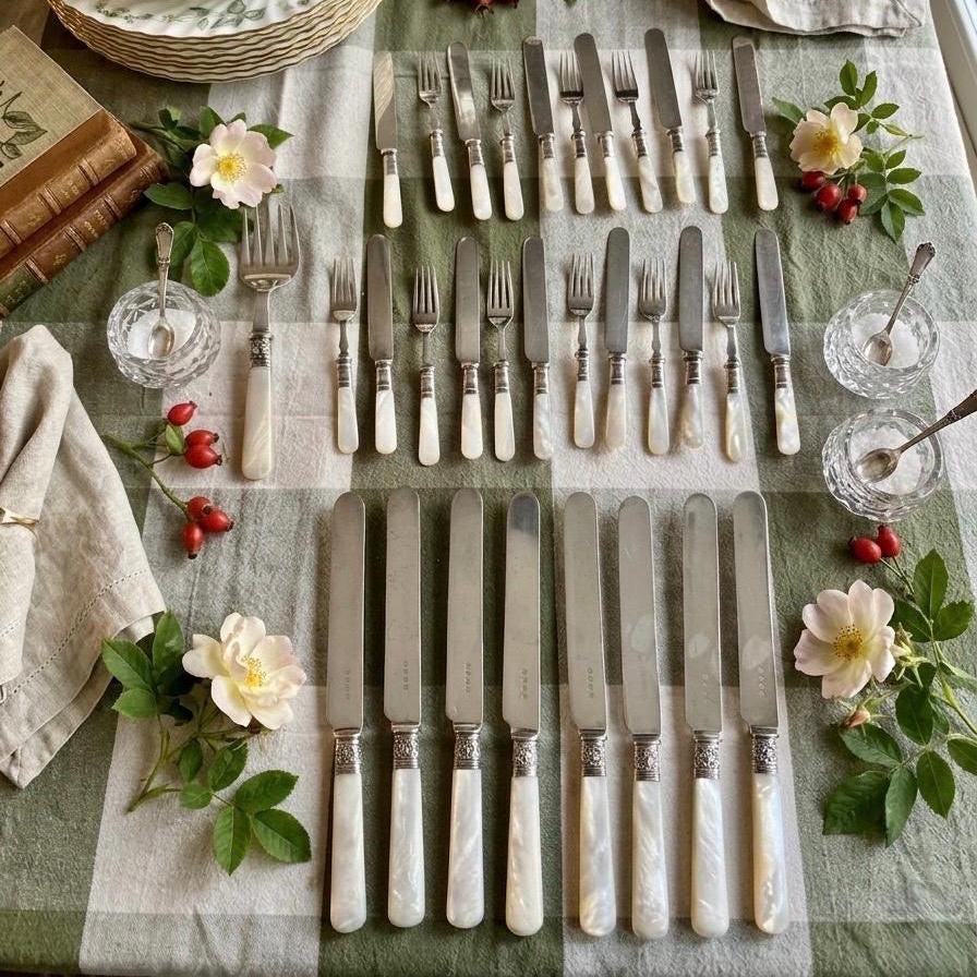 Antique Mother of Pearl Flatware — Sterling Silver Mounts — Curated Sets with Optional Serving Piece